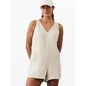 Athleta Romper Women XS Beige 100% Linen Sleeveless V-Neck Pockets